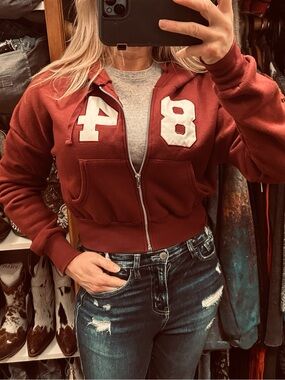 Cropped Maroon zip Hoodie with White Number Patches